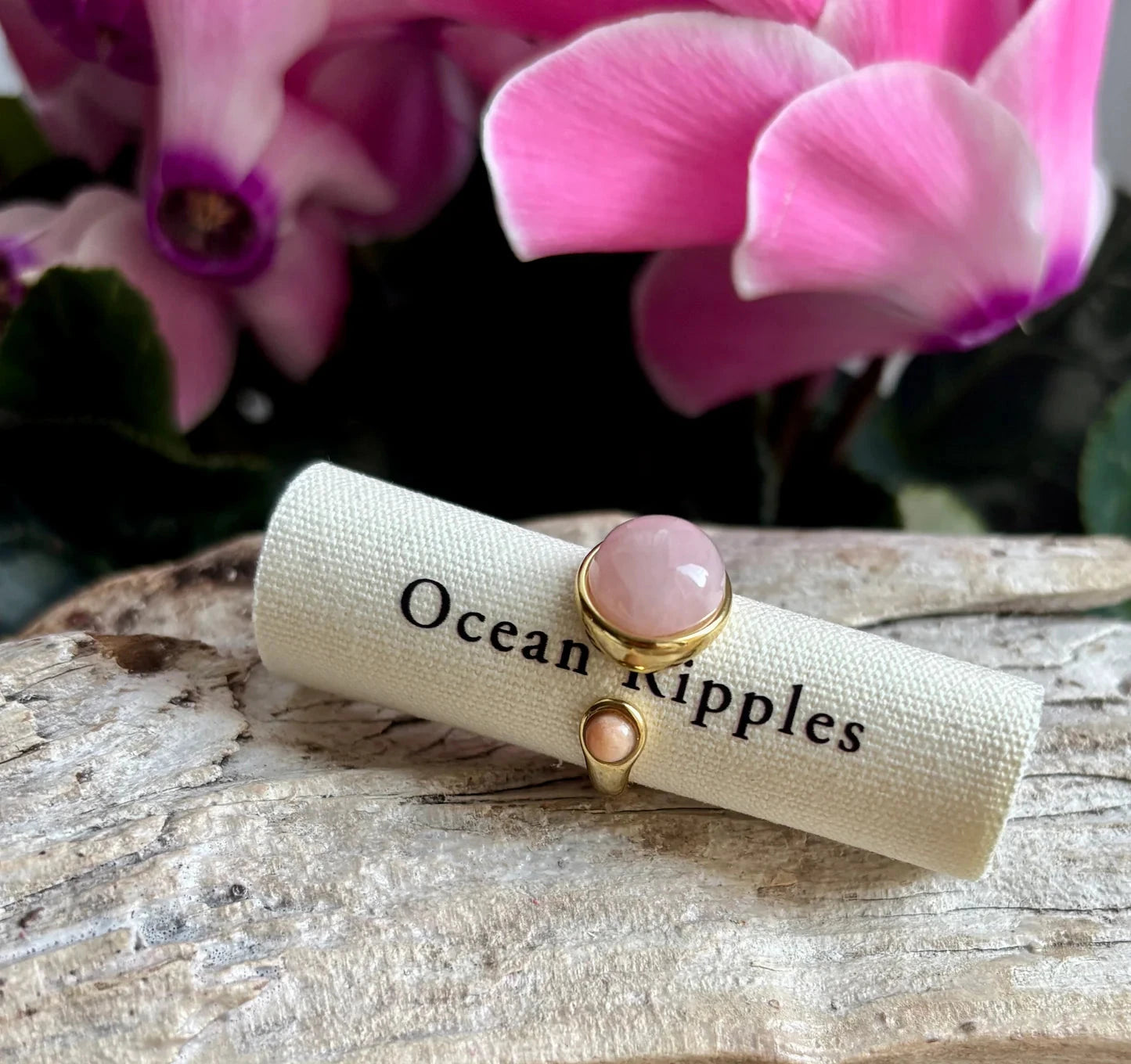 18ct Gold Plated Open Top Rose Quartz Ring Ring Ocean Ripple