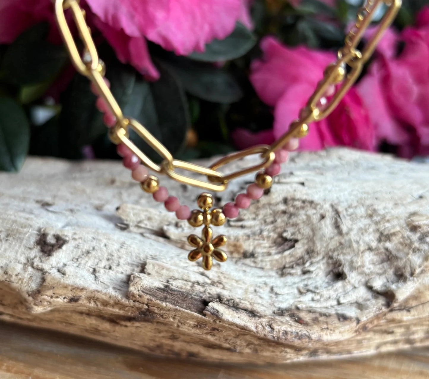 18ct Gold Plated Rhodochrosite Flower Double Chain Bracelet Bracelet Ocean Ripple