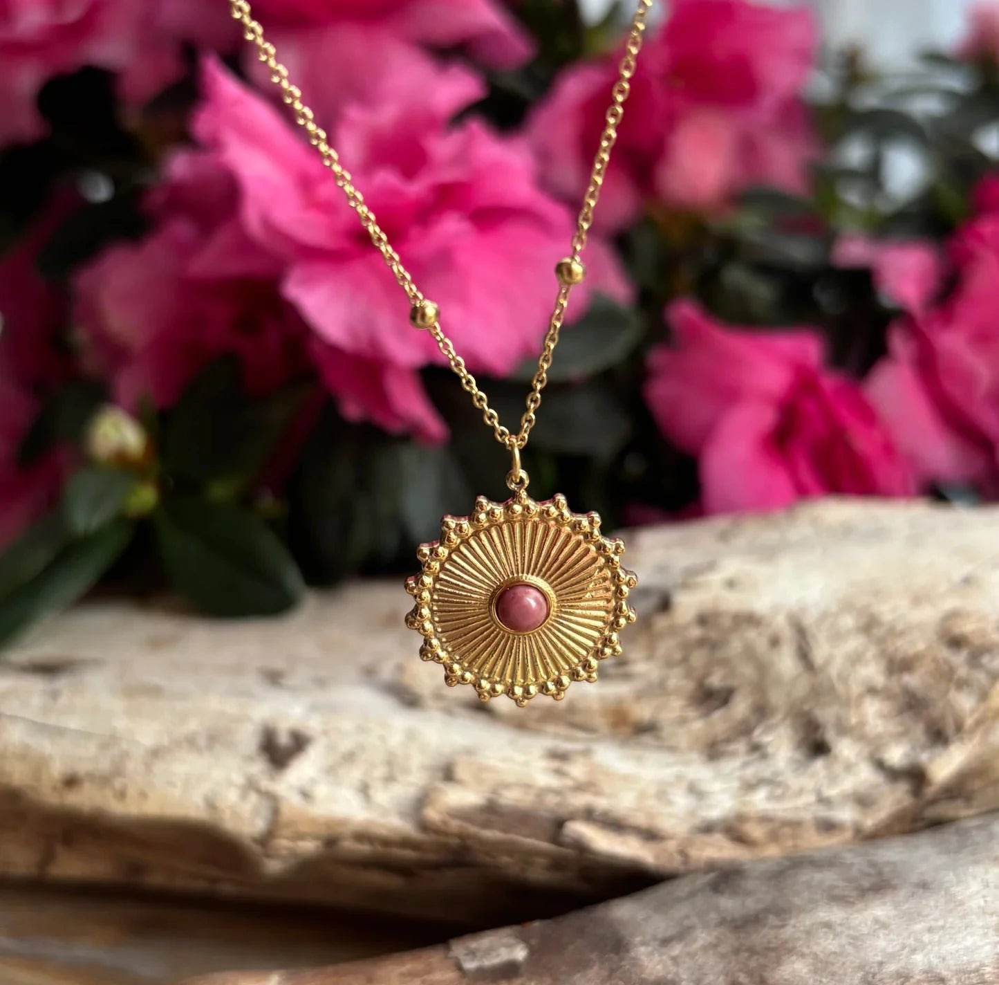 18ct Gold Plated Rhodochrosite Sun Pendant Necklace Necklace Ocean Ripple