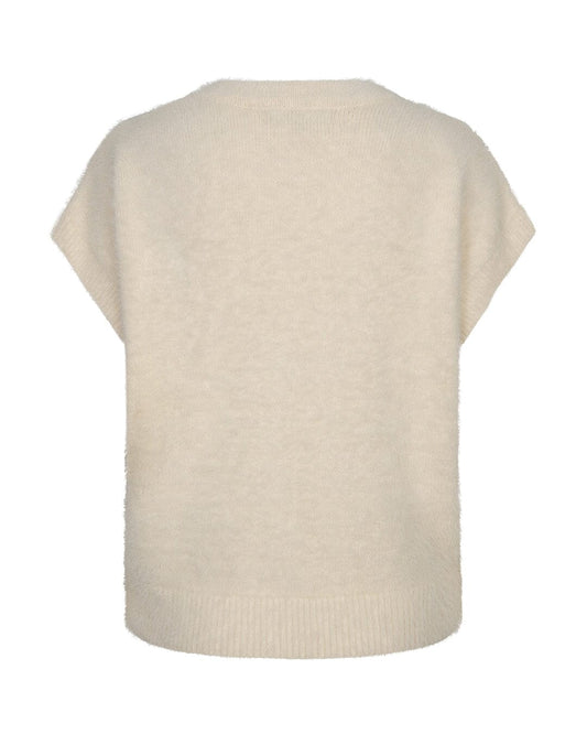 Fuzzy Sleeveless Cardigan | Cream Cardigan Red Button