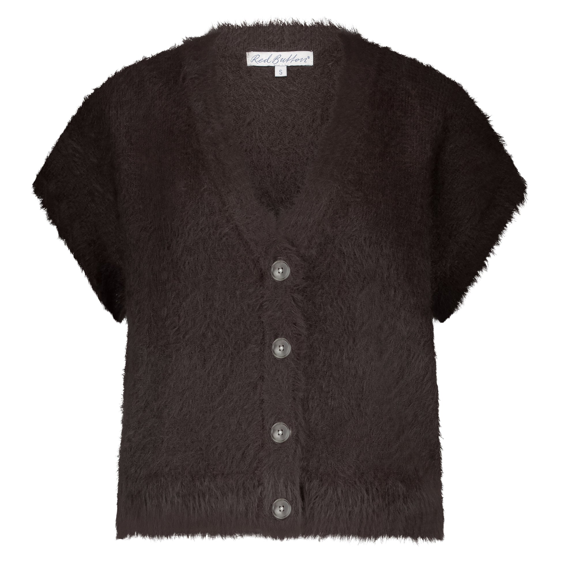 Fuzzy Sleeveless Cardigan | Espresso Cardigan Red Button
