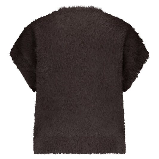 Fuzzy Sleeveless Cardigan | Espresso Cardigan Red Button