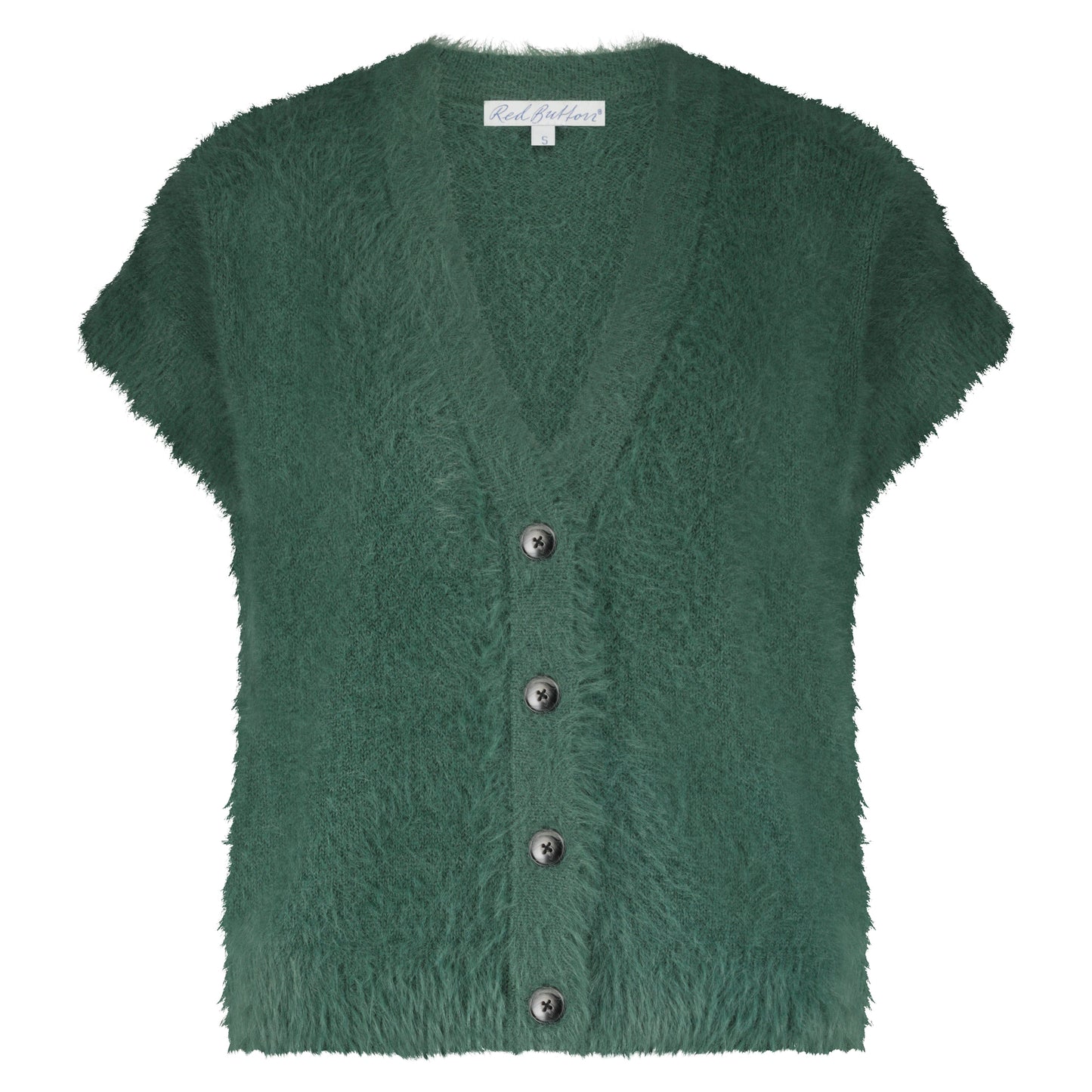 Fuzzy Sleeveless Cardigan | Pine Cardigan Red Button