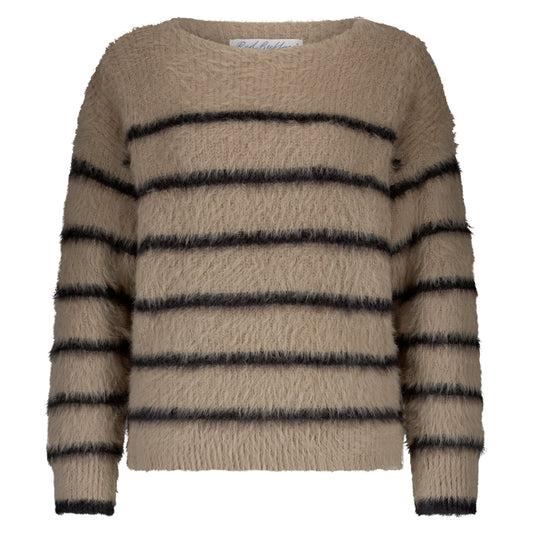 Fuzzy Sweater | Latte/Black Cardigan Red Button