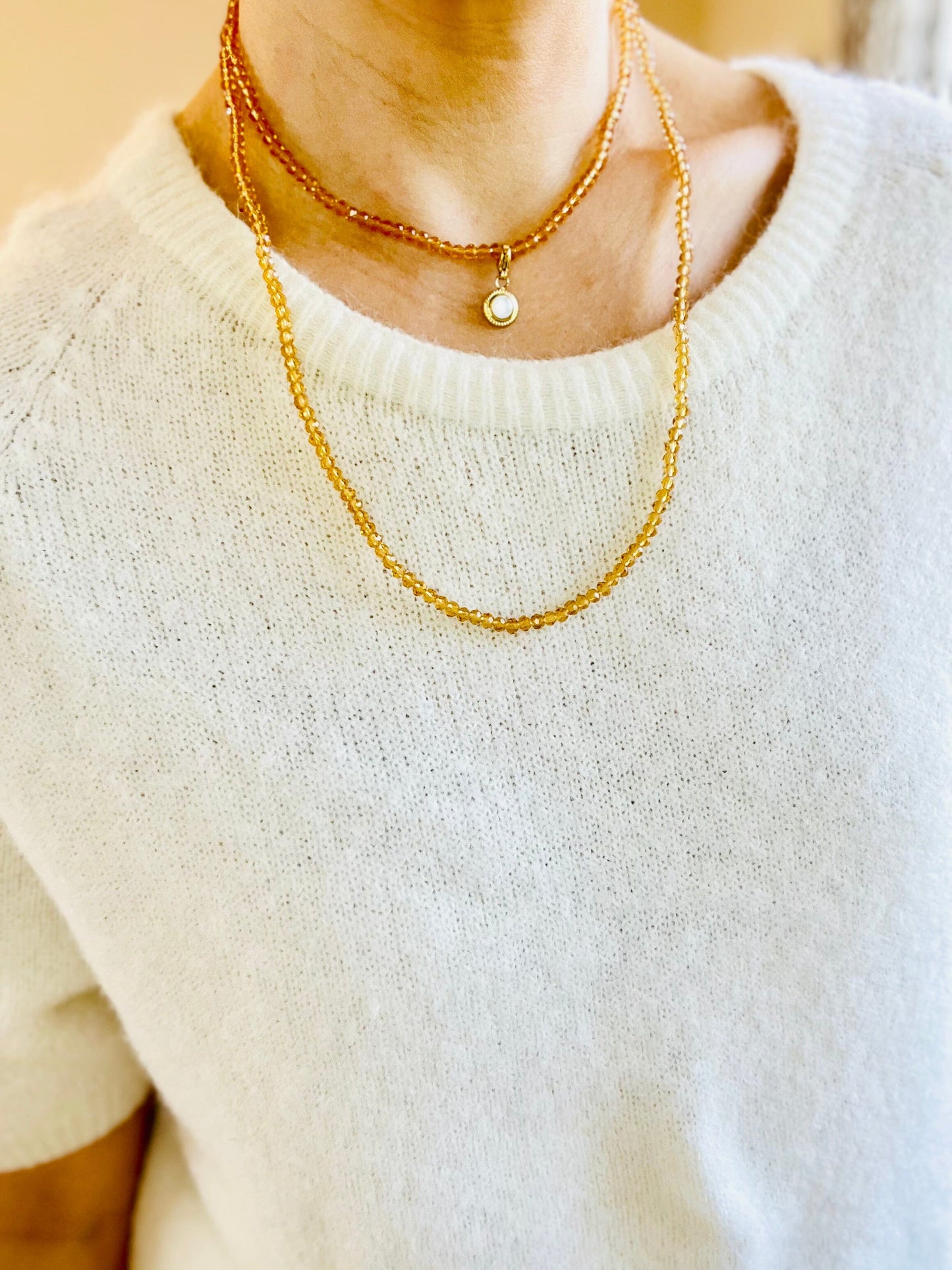 Noa Crystal Necklace | Amber with Gold Pendant Charms Necklace French Edit Circle Pearl Charm