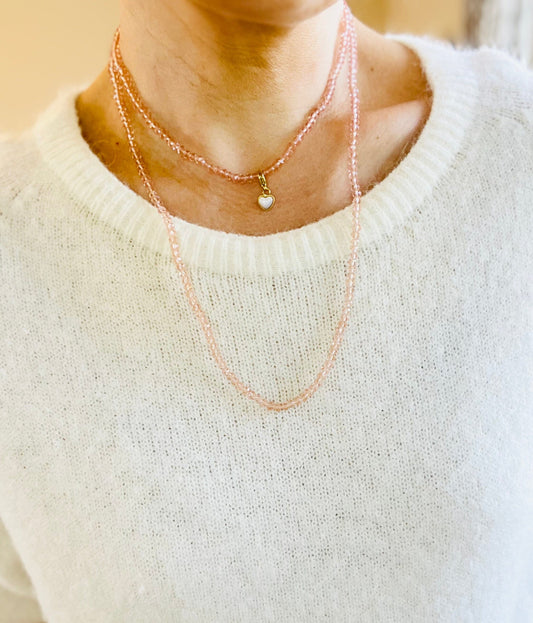 Noa Crystal Necklace |Translucent Pink - Pearl Charms Necklace French Edit Pearl Heart Charm