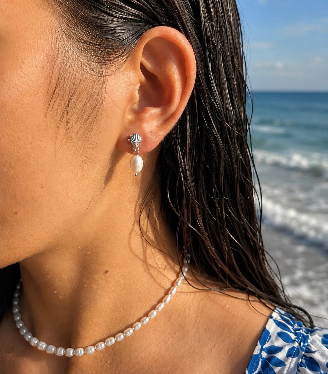 Rhodium Fresh Water Pearl Shell Earrings Earrings Ocean Ripple