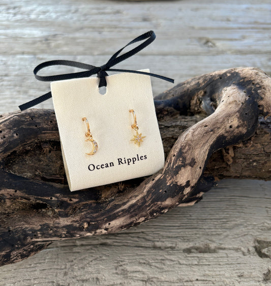 14ct Gold plated Cubic Zirconia Star and Moon Huggie Earrings Earrings Ocean Ripple 