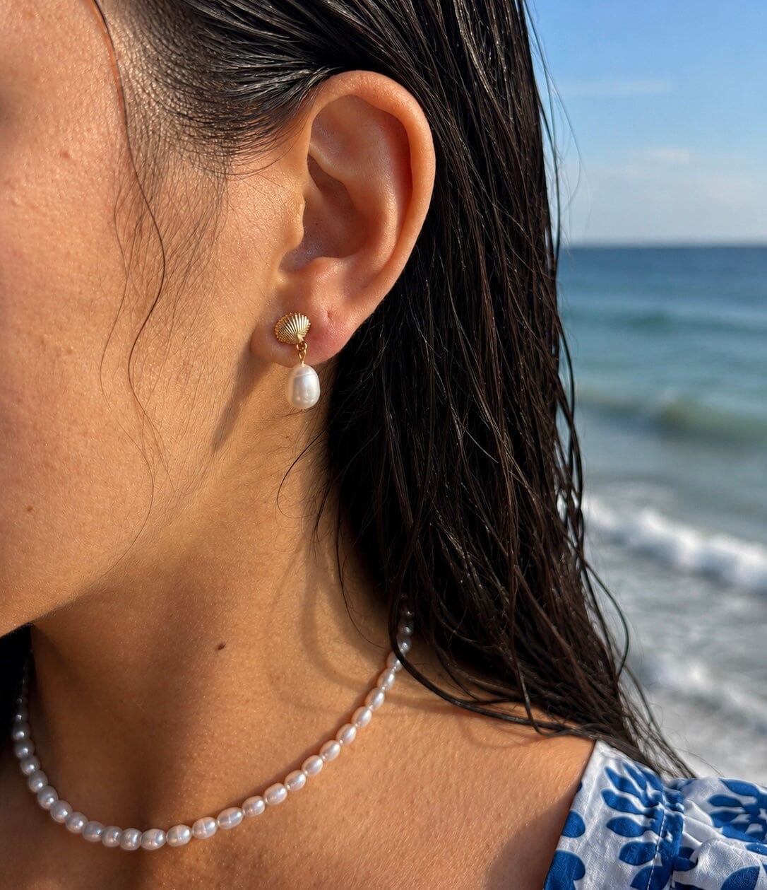 14ct Gold Plated Fresh Water Pearl Shell Earrings Earrings Ocean Ripple 