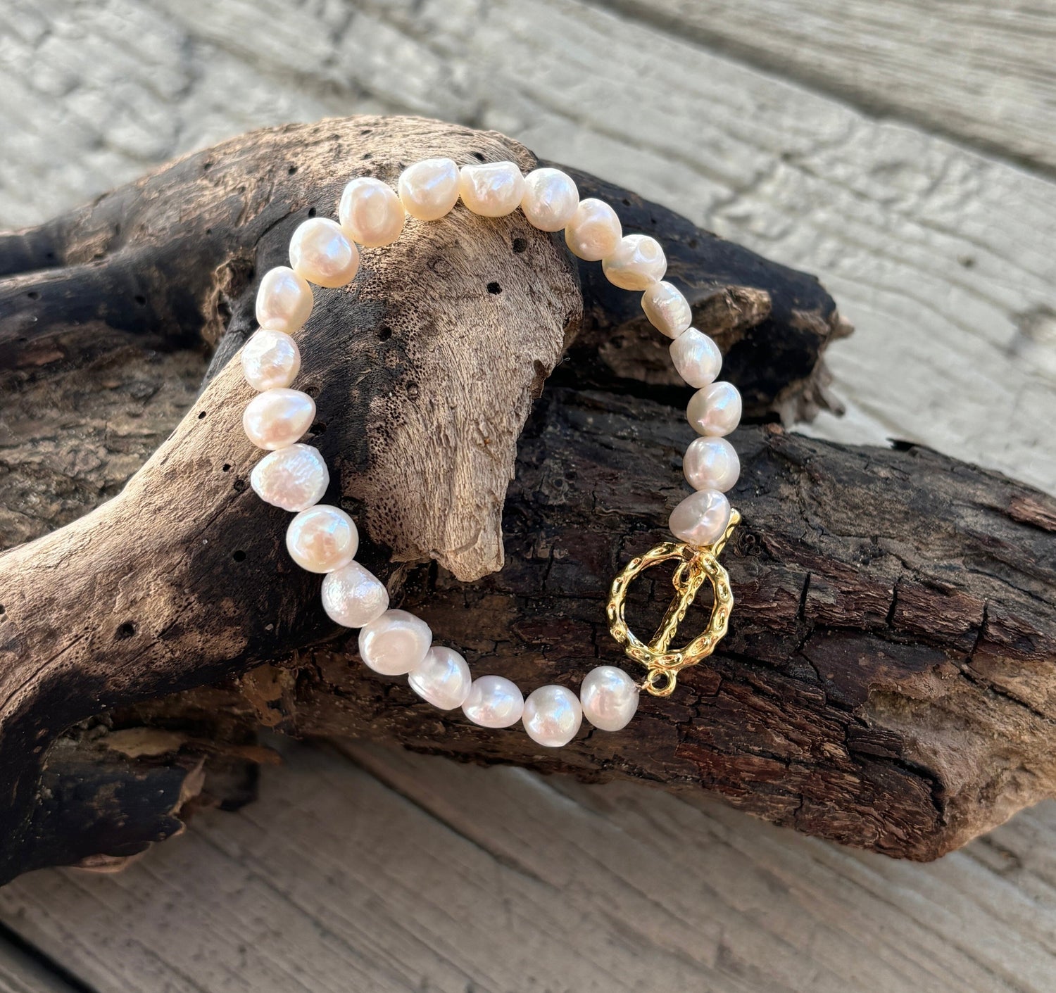 14ct Gold plated Fresh Water Pearl T-Bar Bracelet Bracelet Ocean Ripple 