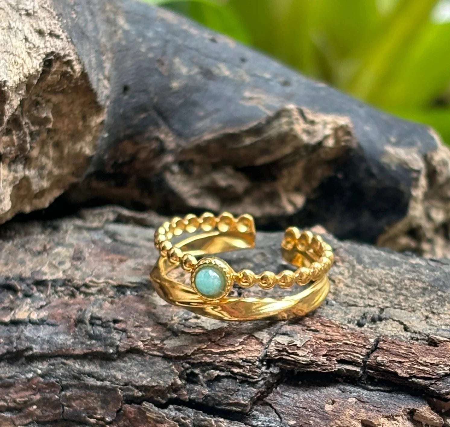 18ct Gold Plated Amazonite Double Band Adjustable Ring Ring Ocean Ripple 