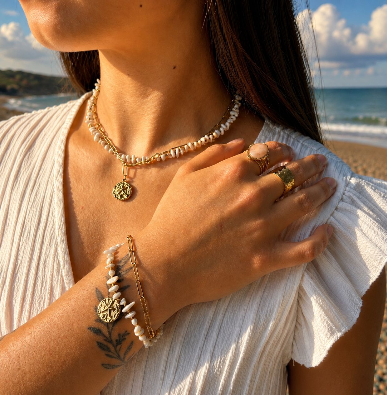 18ct Gold Plated Double Chain Shell Bracelet Bracelet Ocean Ripple 