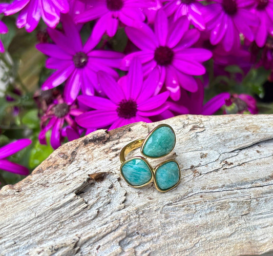 18ct Gold Plated Faceted Amazonite Triple Stone Ring Ring Ocean Ripple 