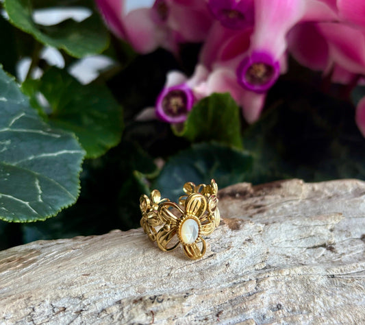 18ct Gold Plated Faceted Natural Stone Flower Ring Ring Ocean Ripple 