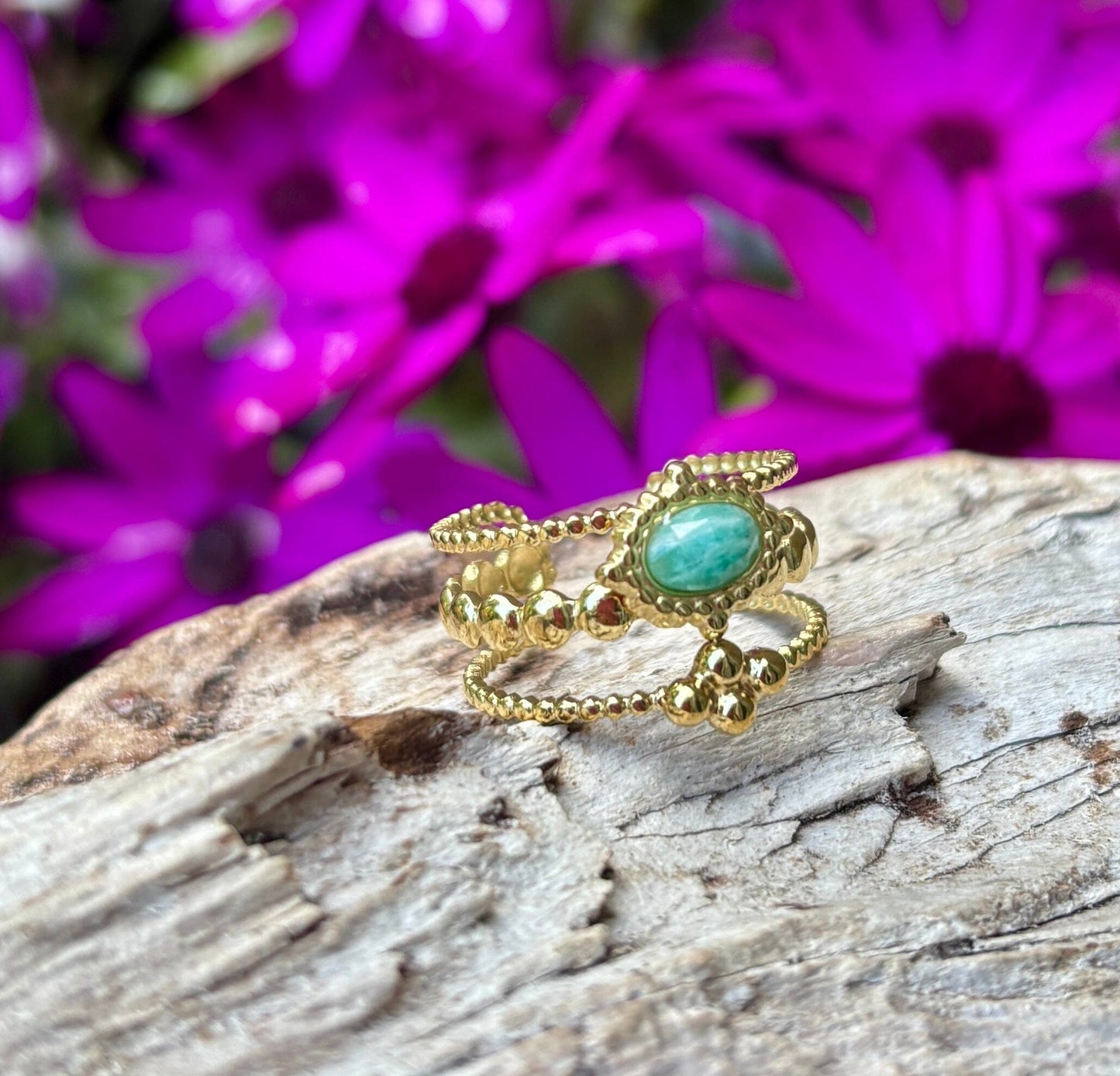 18ct Gold Plated Facted Amazonite Triple Band Ring Ring Ocean Ripple 