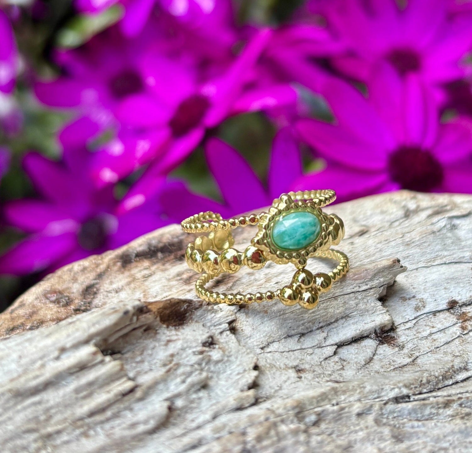 18ct Gold Plated Facted Amazonite Triple Band Ring Ring Ocean Ripple 