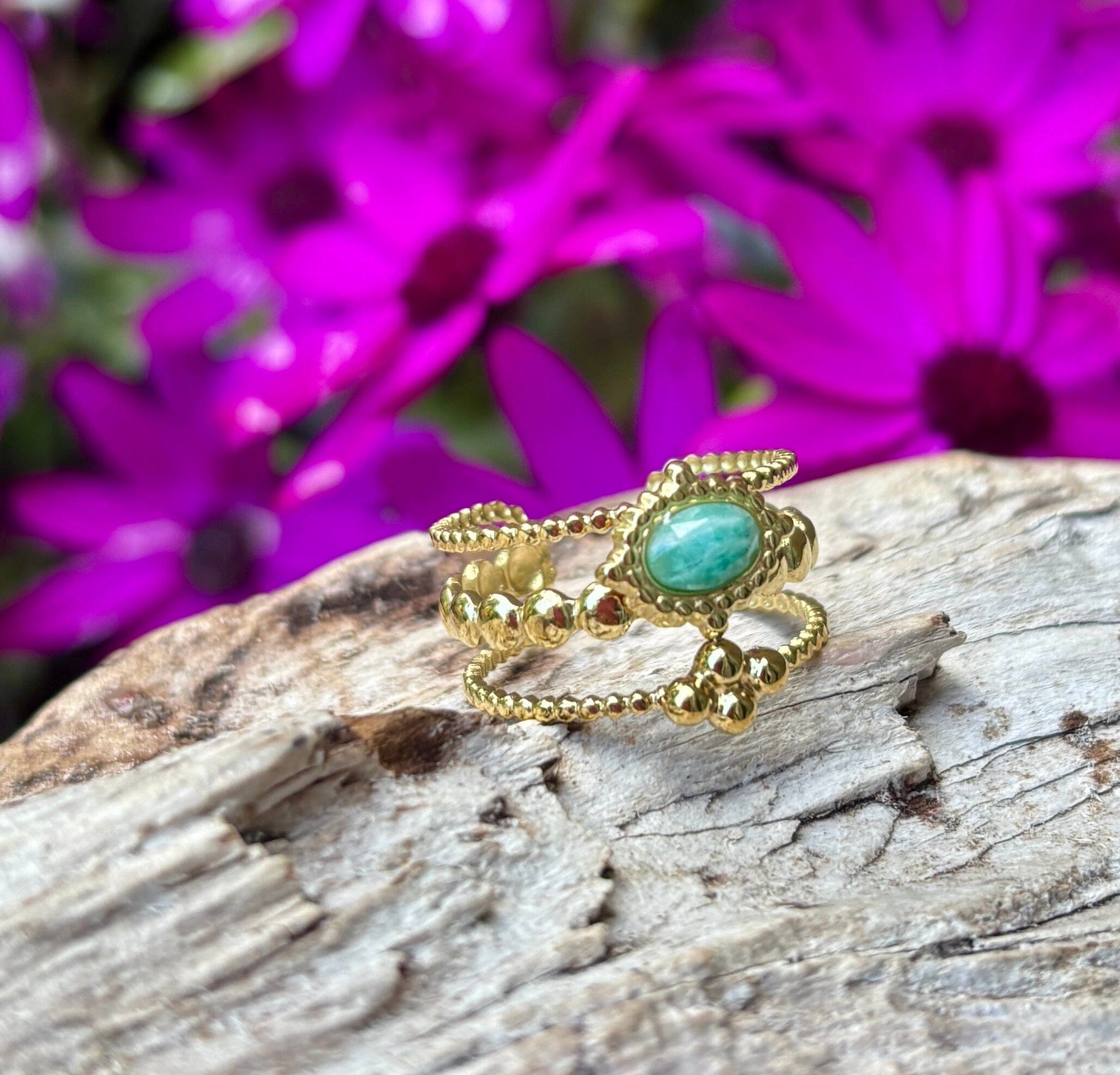 18ct Gold Plated Facted Amazonite Triple Band Ring Ring Ocean Ripple 
