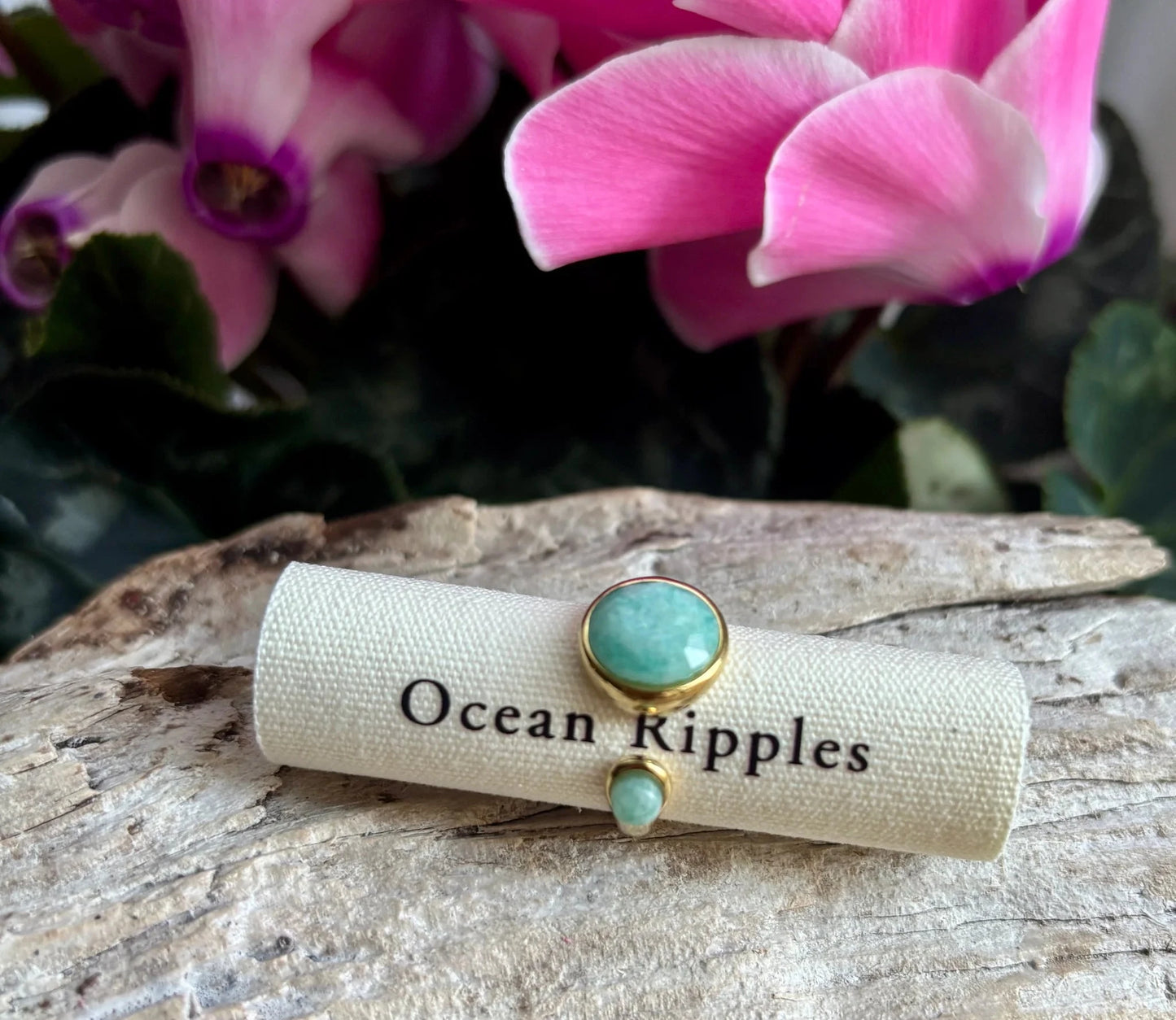 18ct Gold Plated Open Top Amazonite Ring Ring Ocean Ripple 