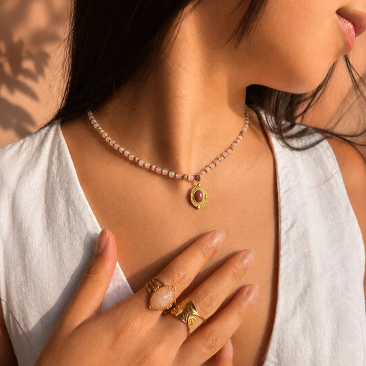 18ct Gold Plated Rose Quartz Beads Necklace Necklace Ocean Ripple 