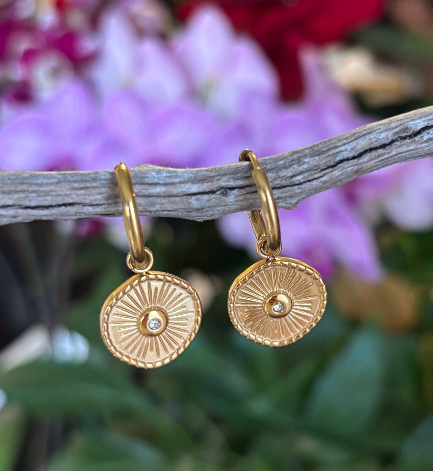 18ct Gold Plated Sun Disc Huggie Earrings Earrings Ocean Ripple 