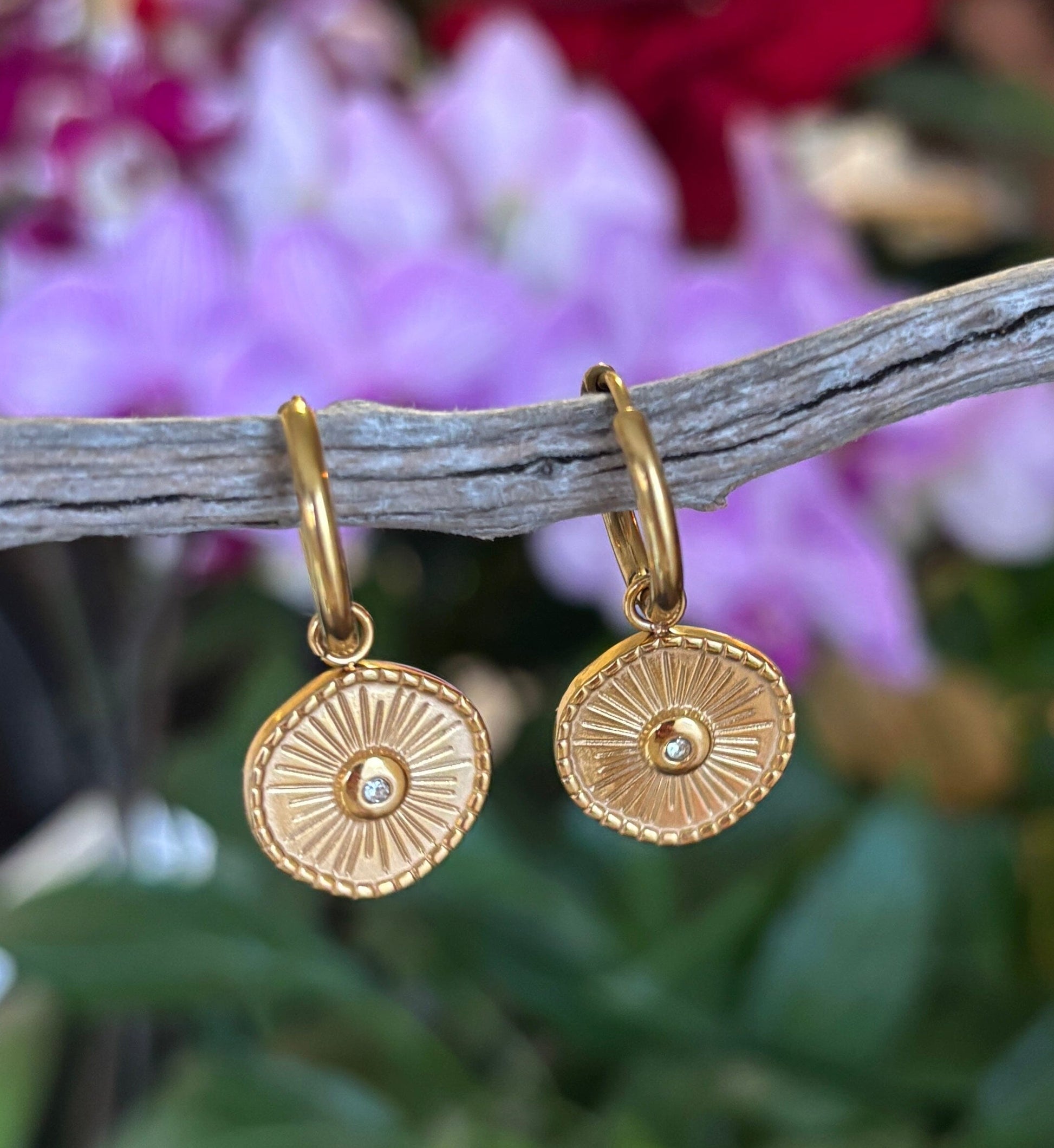 18ct Gold Plated Sun Disc Huggie Earrings Earrings Ocean Ripple 