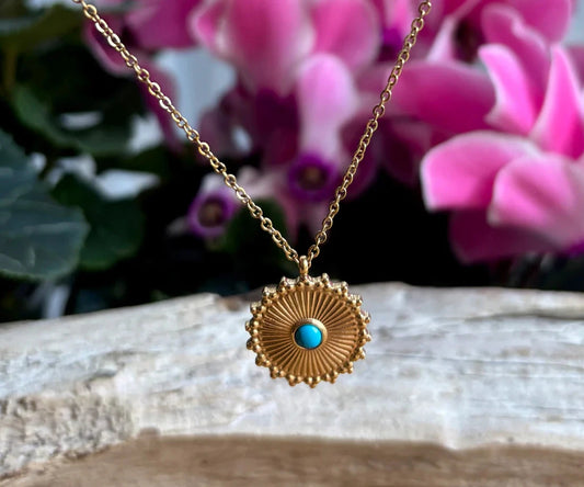 18ct Gold Plated Turquoise Sun Pendant Necklace Necklace Ocean Ripple 