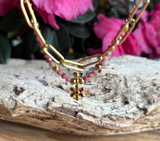 18ct Gold Plated Rhodochrosite Flower Double Chain Bracelet