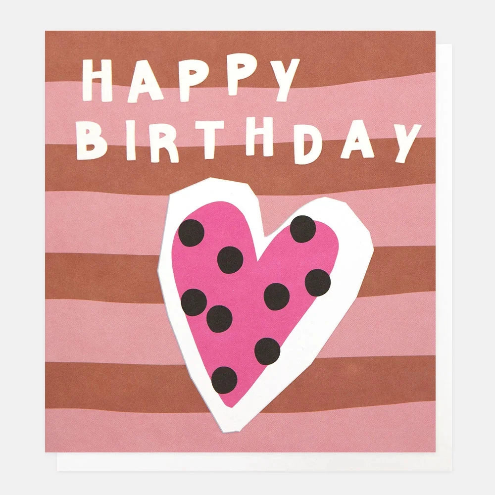 Card | Happy Birthday Dotty Heart on Pink Red Stripe Greeting card Caroline Gardner 