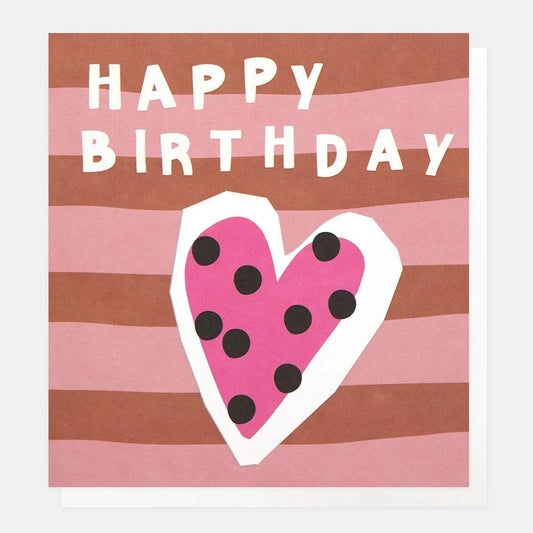 Card | Happy Birthday Dotty Heart on Pink Red Stripe Greeting card Caroline Gardner 