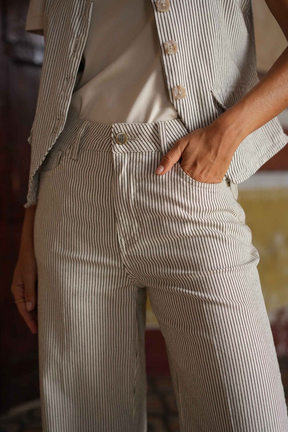 Cleo Wide Leg Stripe Jeans | Taupe Jeans Parisienne Collection 
