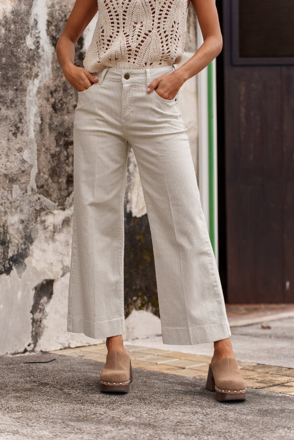 Cleo Wide Leg Stripe Jeans | Taupe Jeans Parisienne Collection 