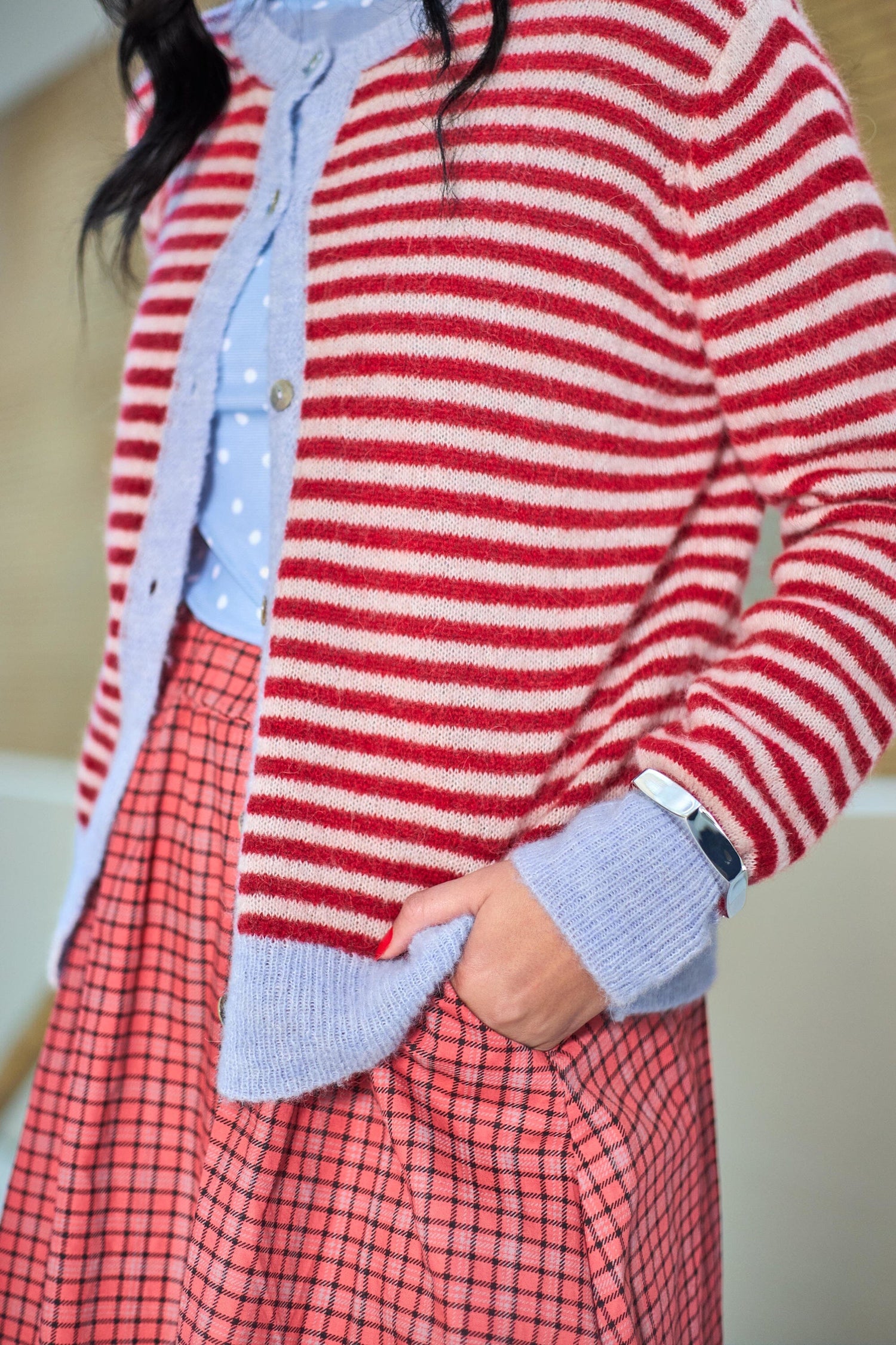 Dell Stripe Cardigan | Red Cardigan Black Colour 