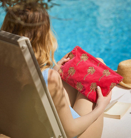 Everyday Pouch | Gold Palm | Pink Velvet Make up Bag Elizabeth Scarlett 