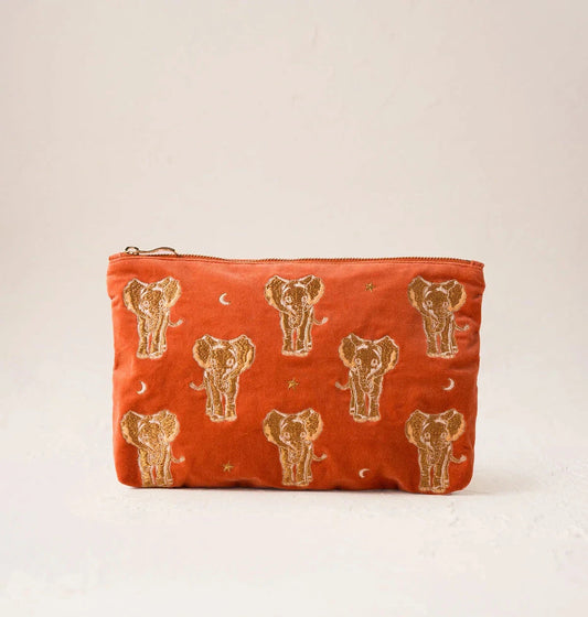 Everyday Pouch | Golden Elephants | Rust Velvet Make up Bag Elizabeth Scarlett 