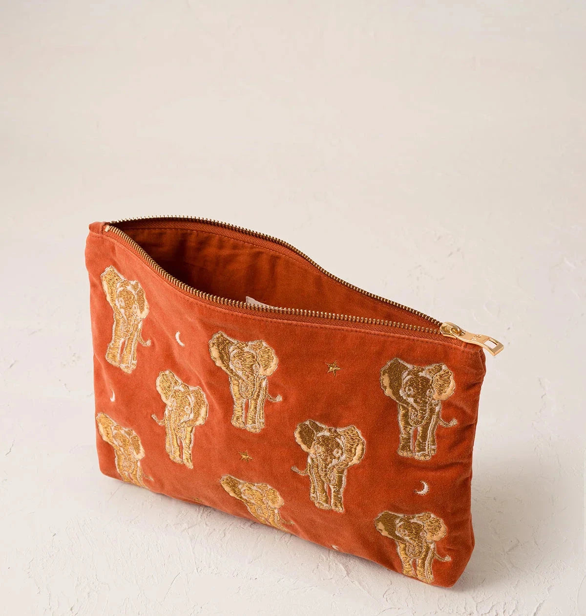 Everyday Pouch | Golden Elephants | Rust Velvet Make up Bag Elizabeth Scarlett 