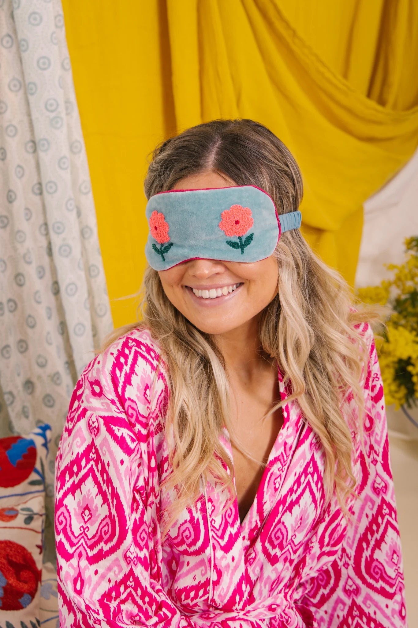 Eye Mask | Flower | Aqua Pouch Pink Lemons 