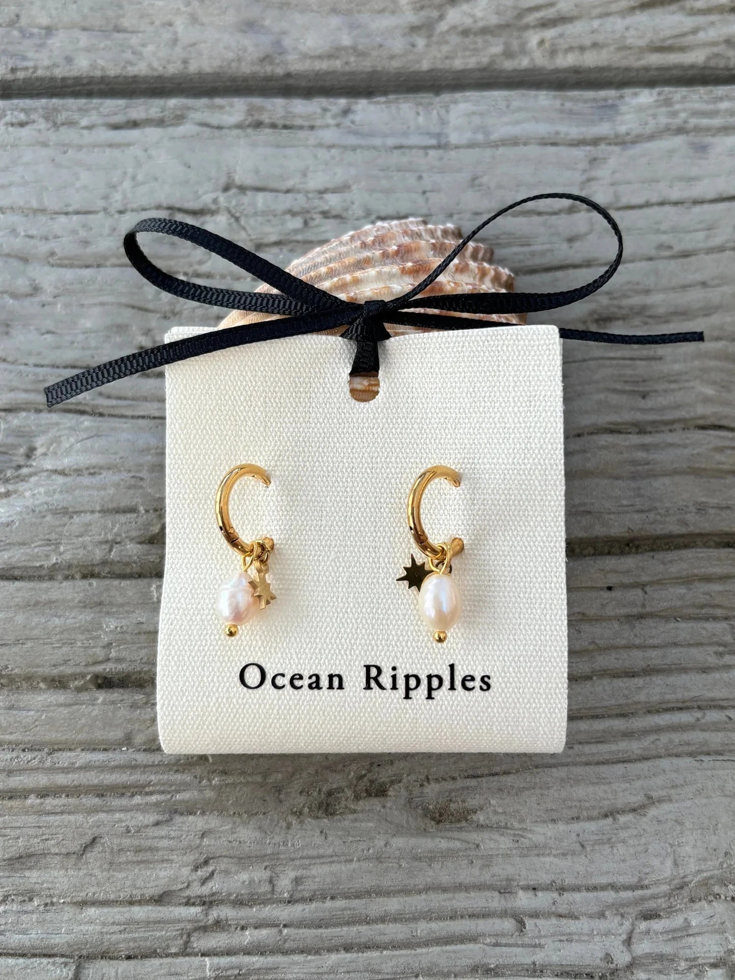 Fresh Water Pearl Gold Star Huggie Earrings Earrings Ocean Ripples 