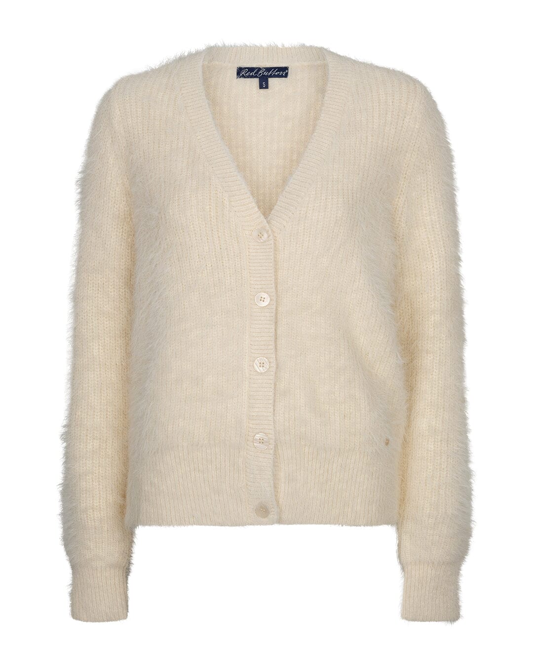 Fuzzy Long Cardigan | Cream Cardigan Red Button 
