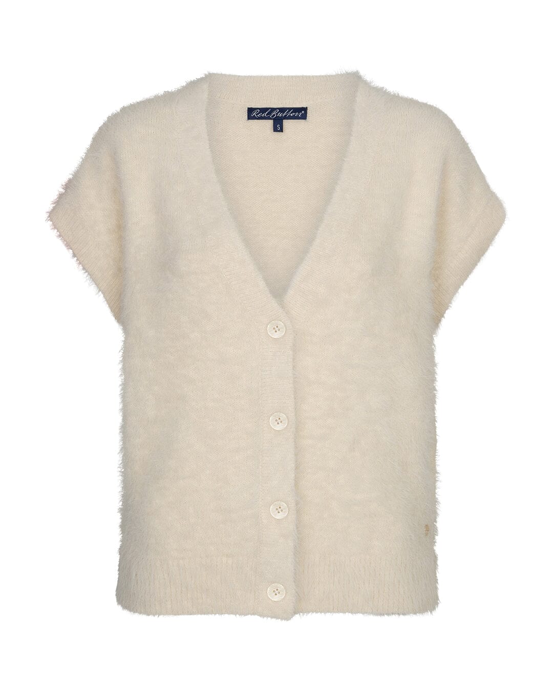 Fuzzy Sleeveless Cardigan | Cream Cardigan Red Button 