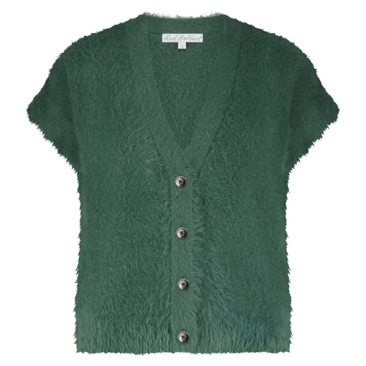 Fuzzy Sleeveless Cardigan | Pine Cardigan Red Button 
