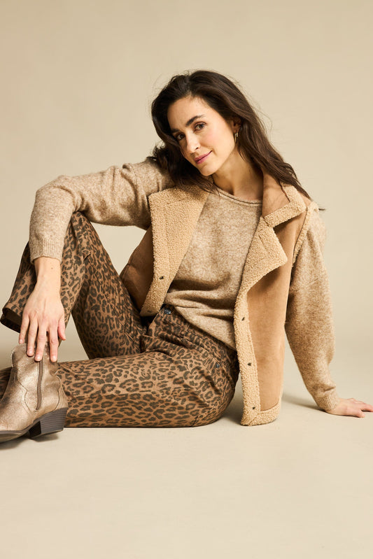 Kim Leopard Trousers | Mid Brown Pants Red Button 