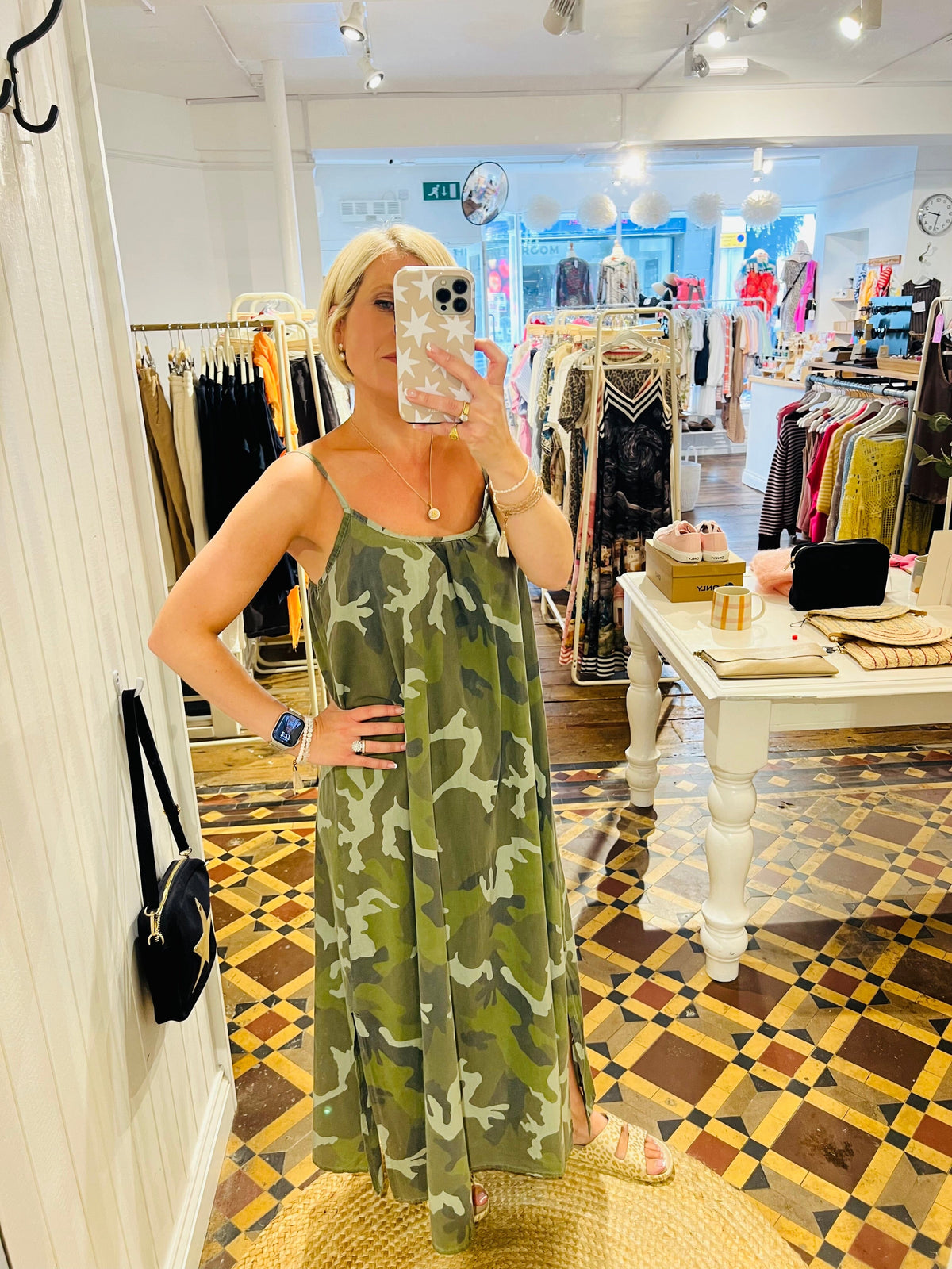 Minna Strap Dress | Camouflage Dresses Black Colour 