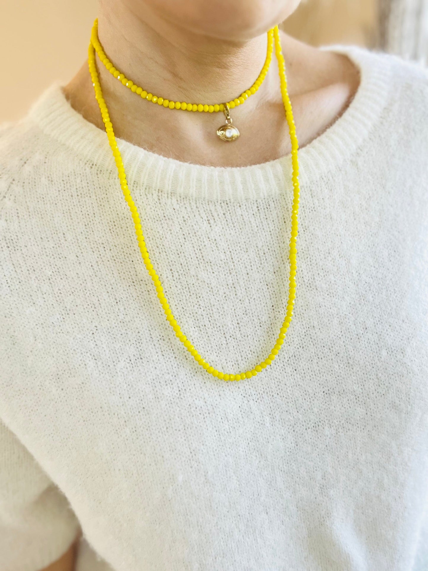 Noa Crystal Necklace | Acid Green - Pearl Eye Charm Necklace French Edit Pearl Eye Charm 