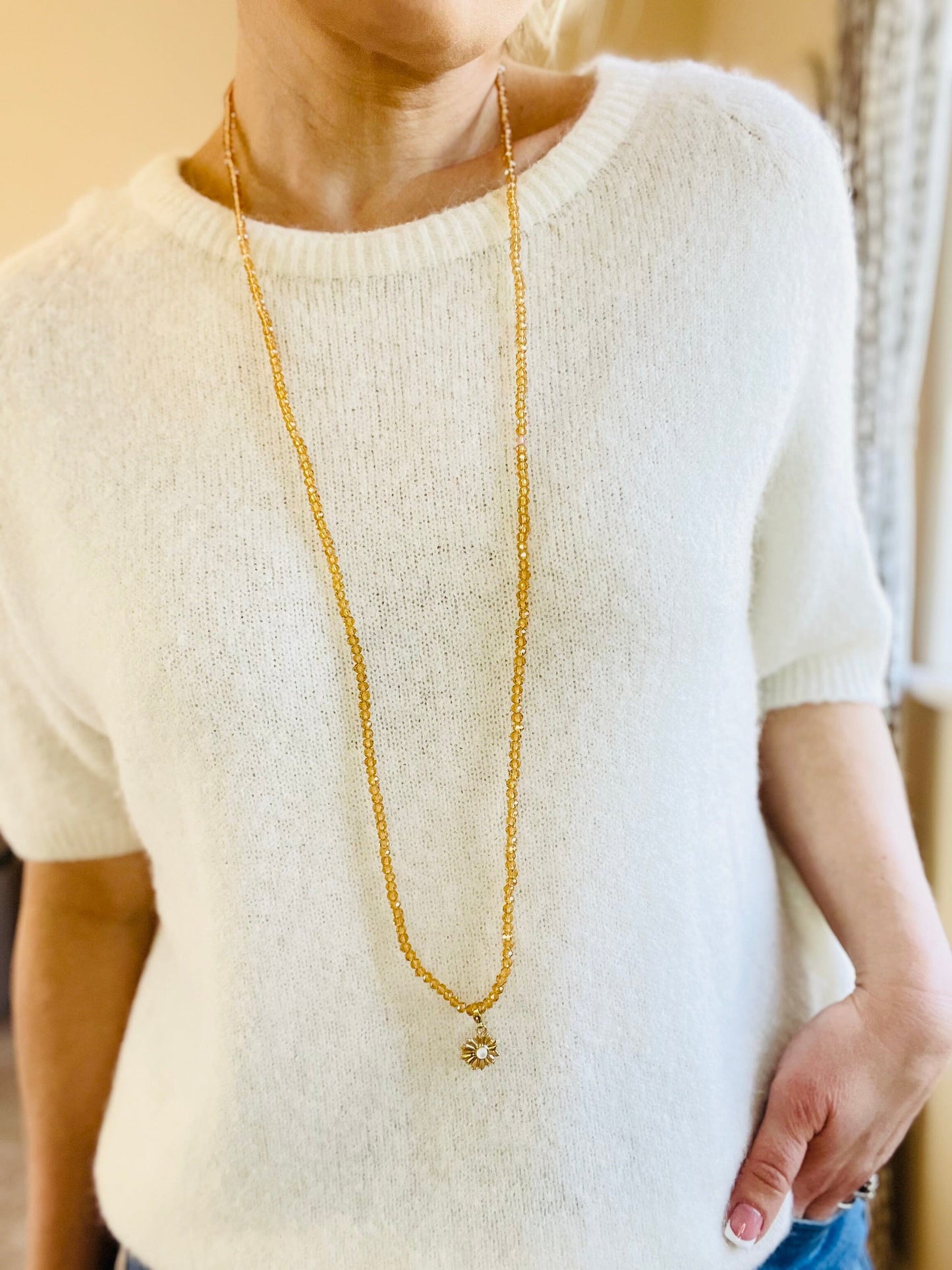 Noa Crystal Necklace | Amber with Gold Pendant Charms Necklace French Edit 