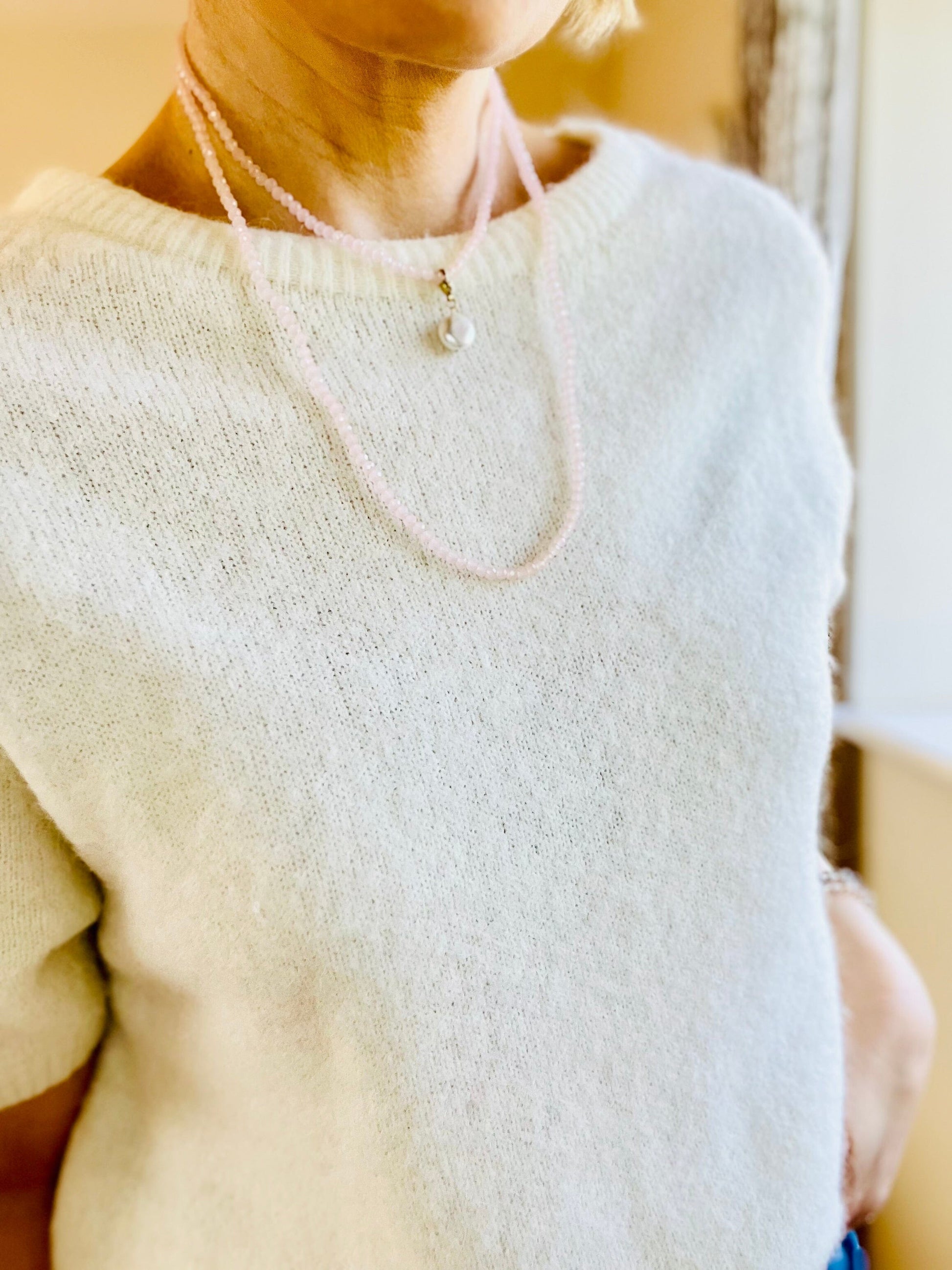 Noa Crystal Necklace | Large Pearl Pendant Necklace French Edit Baby Pink 