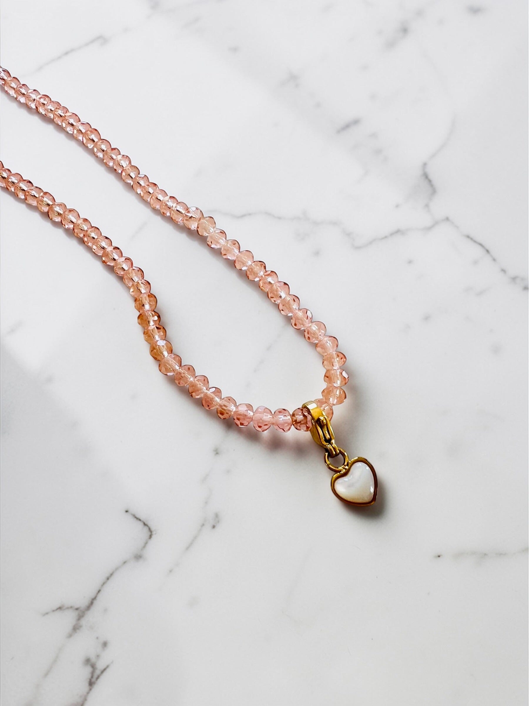 Noa Crystal Necklace |Translucent Pink - Pearl Charms Necklace French Edit 