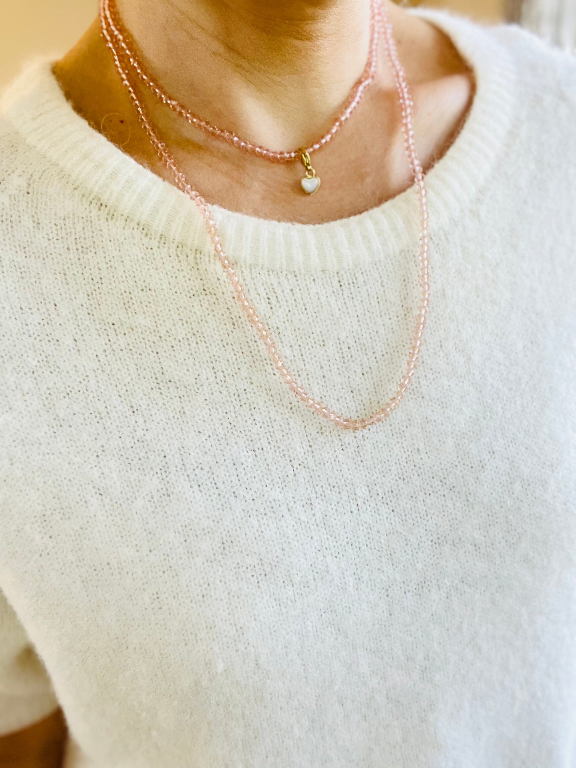 Noa Crystal Necklace |Translucent Pink - Pearl Charms Necklace French Edit 