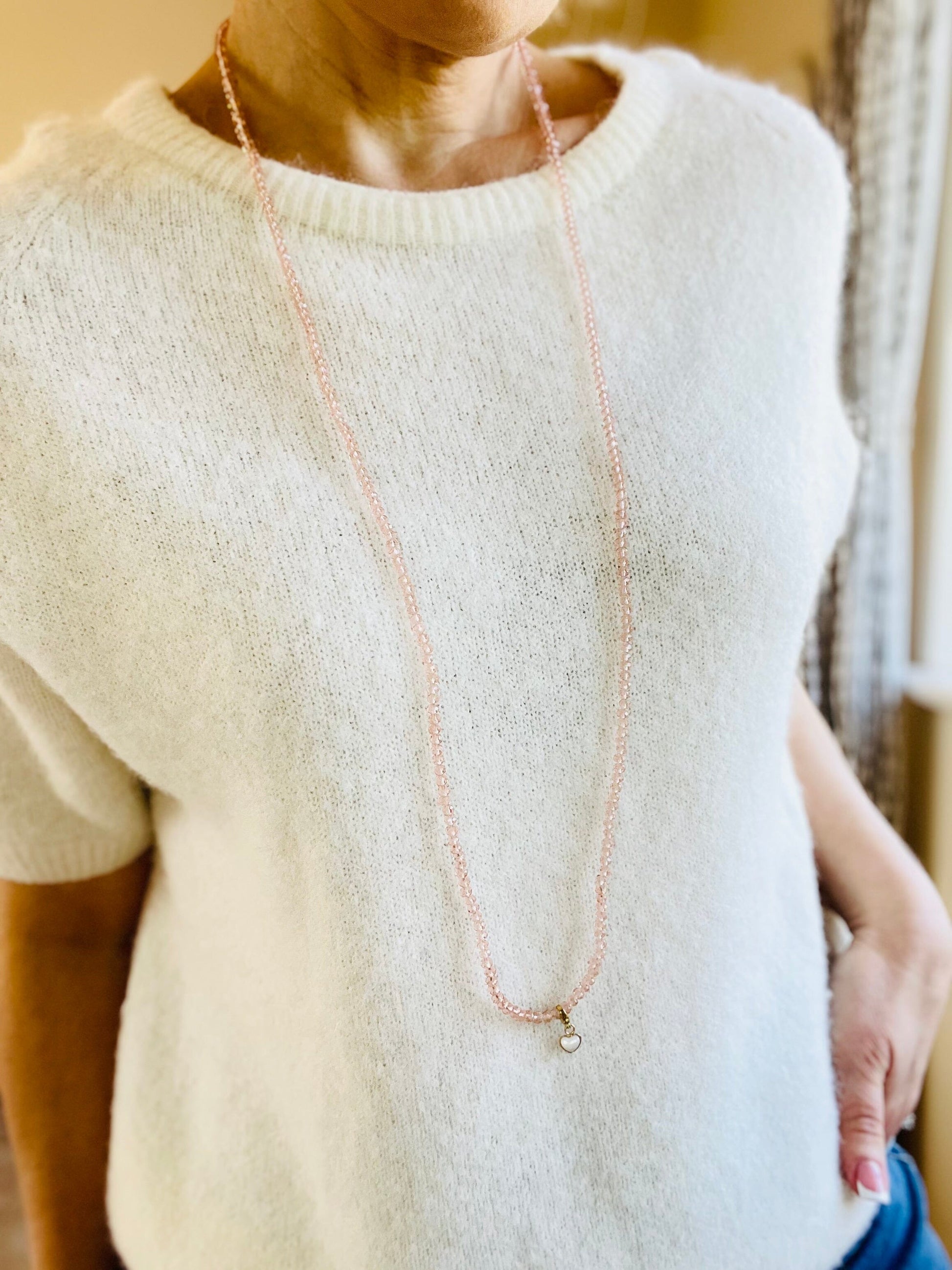 Noa Crystal Necklace |Translucent Pink - Pearl Charms Necklace French Edit 