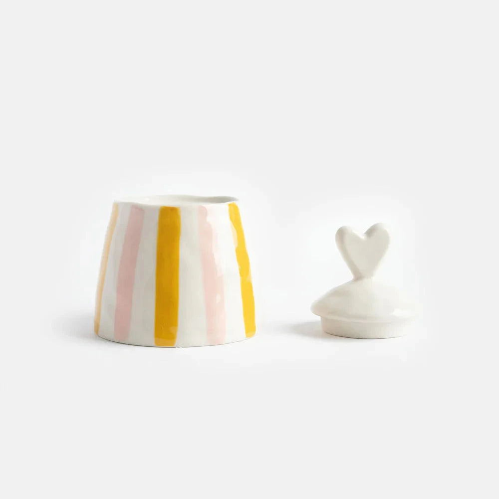 Pink Mustard Stripe Heart Lid Jar Decorative Jar Caroline Gardner 