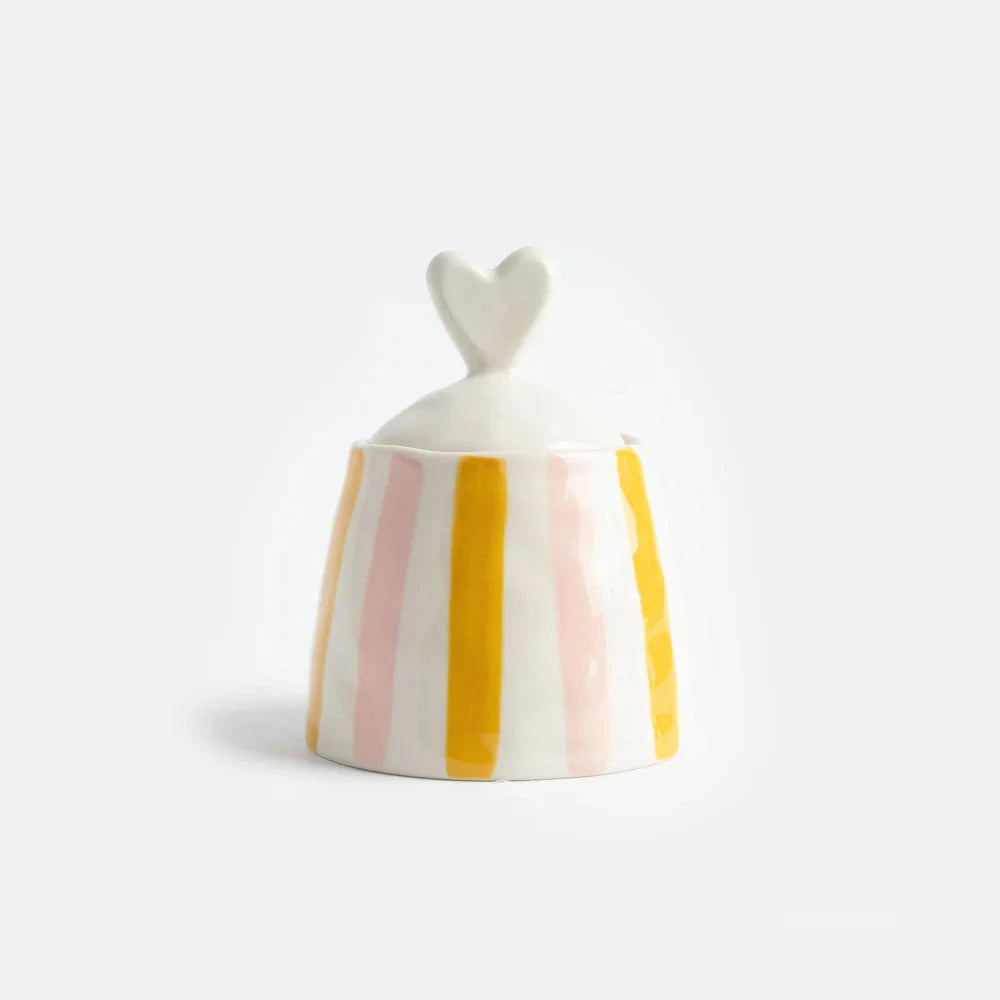 Pink Mustard Stripe Heart Lid Jar Decorative Jar Caroline Gardner 